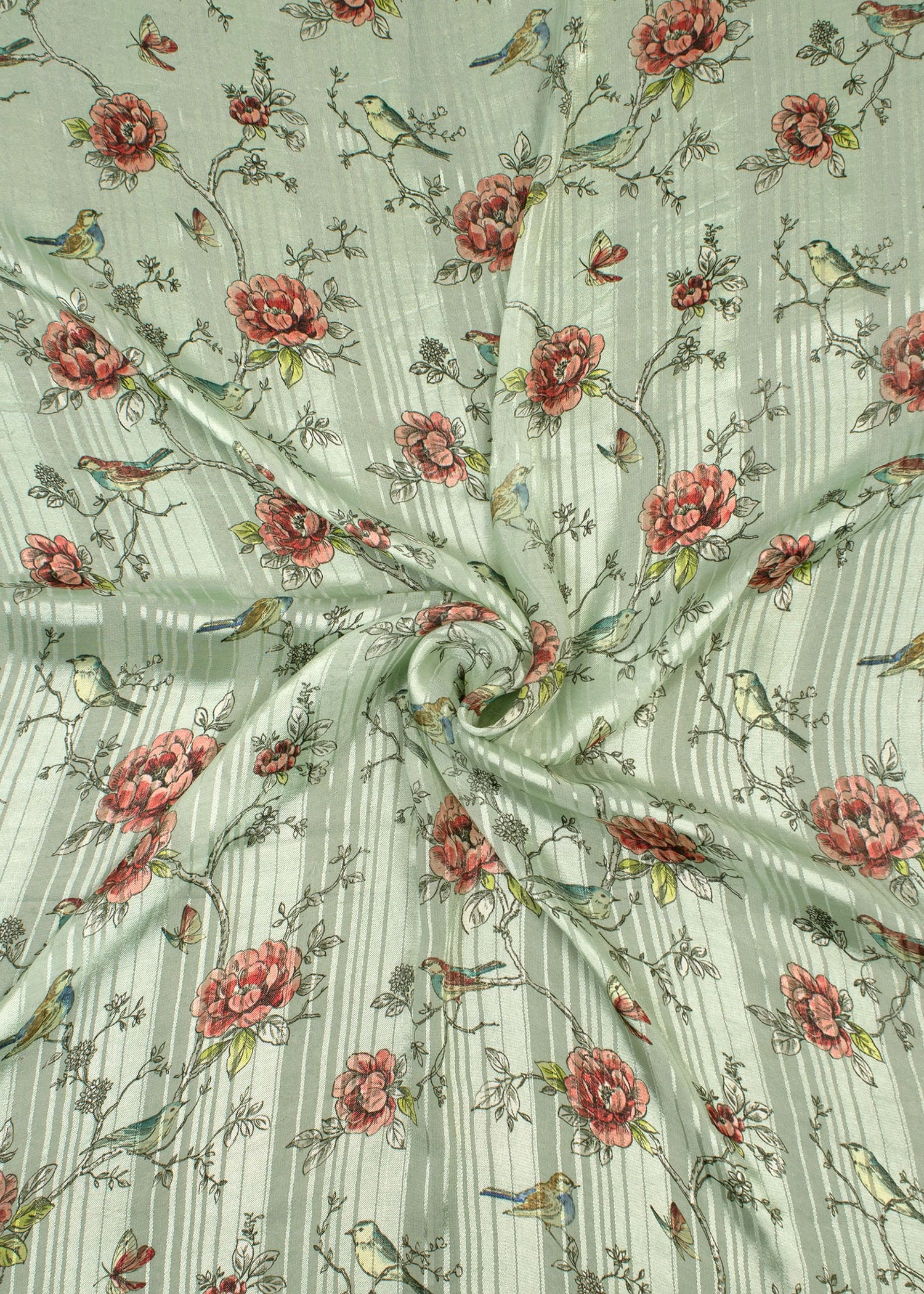 Soft Mint Green Georgette Satin Patta Fabric Featuring Floral Digital Print