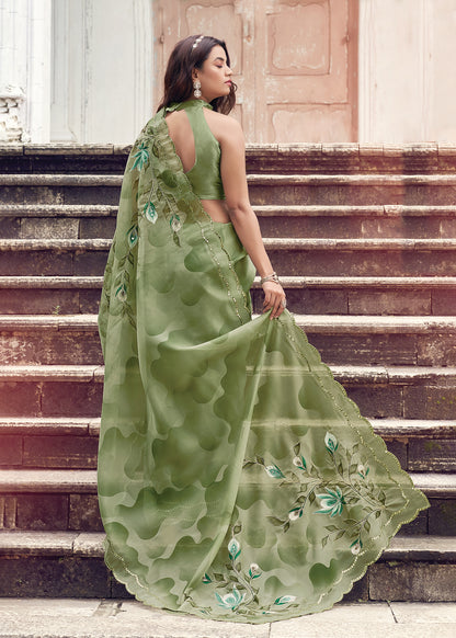 Pista Green Floral Hand Painted Organza Designer Embroidered Border Saree with Cutwork