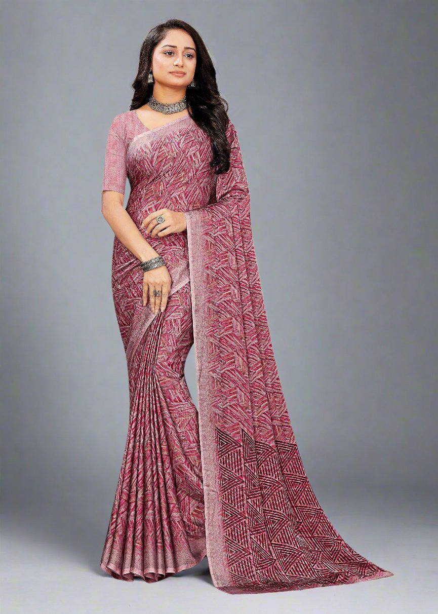 Abstract-Patterned Pink Saree Crafted from Soft Fill Fabric - Tiny Prints 9102-B Pink Front View