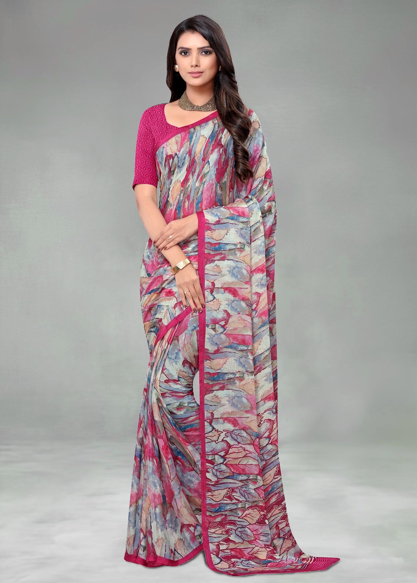 Abstract Patterned Multicolor Chiffon Saree with Solid Border - Heritage Silk D. No.7434-C Multicolor Pose 1