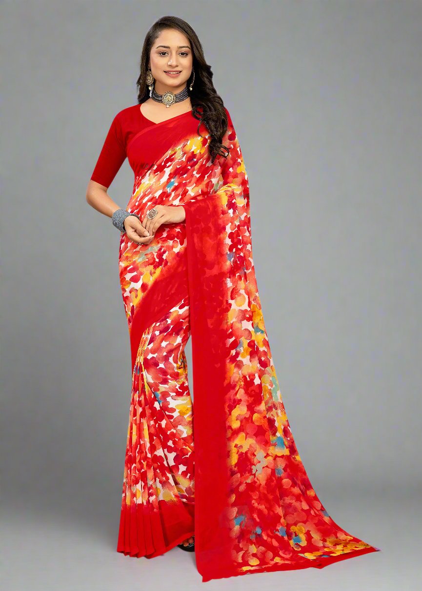 Abstract Patterned Red Georgette Saree with Solid Border - Indigo Prints 2440-C Red Front Image 