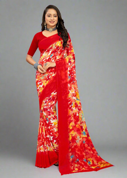 Abstract Patterned Red Georgette Saree with Solid Border - Indigo Prints 2440-C Red Front Image 