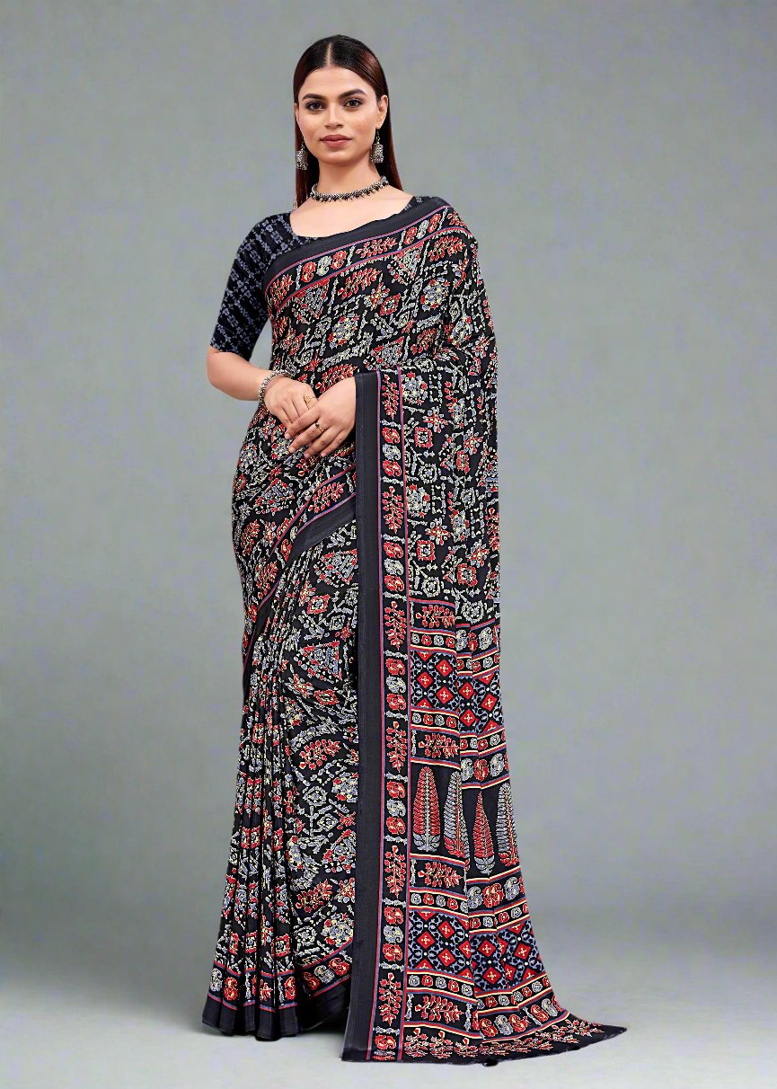 Abstract Printed Crepe Designer Black Saree - Sabarmati Silk 5403-B Black Front View