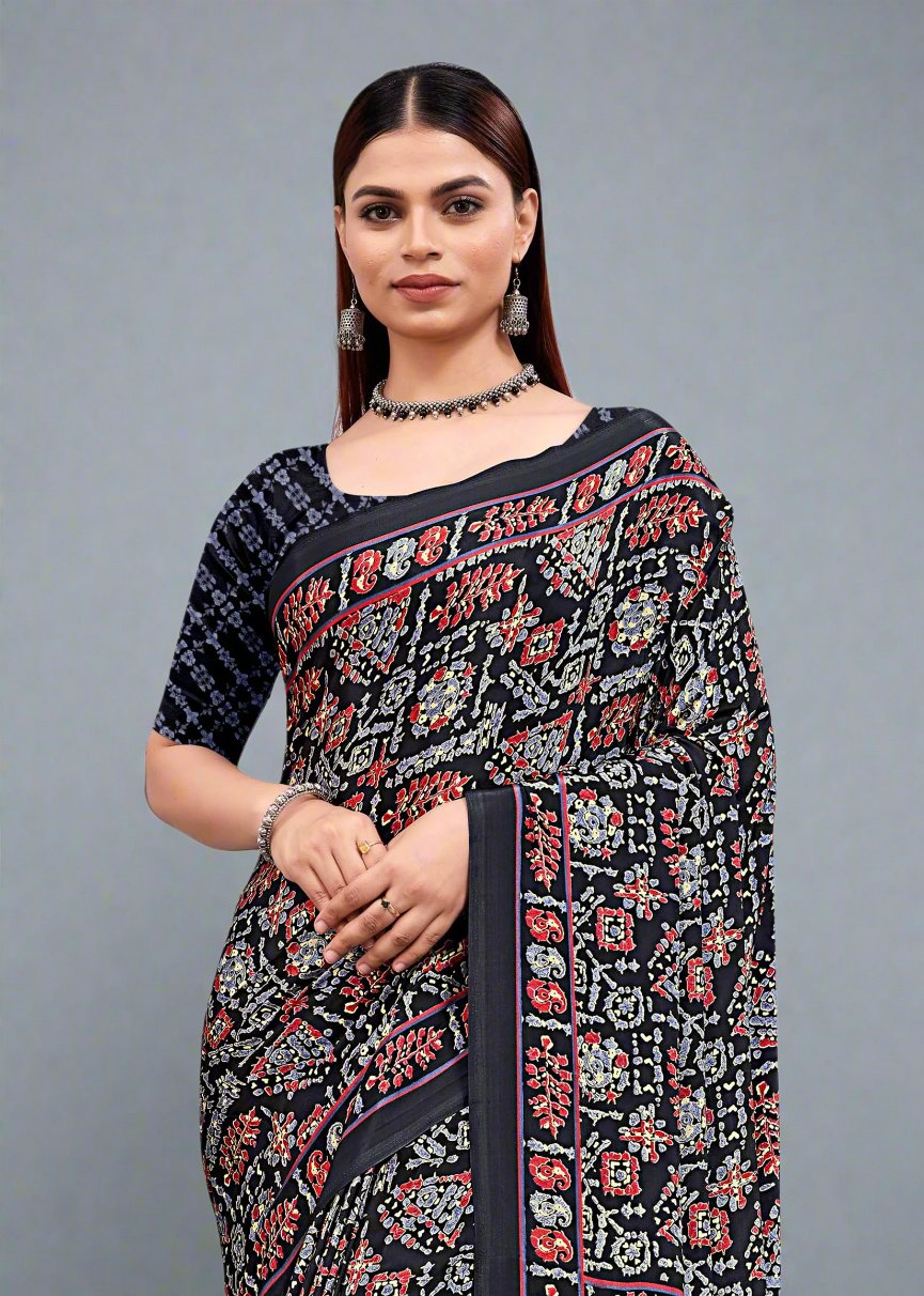 Abstract Printed Crepe Designer Black Saree - Sabarmati Silk 5403-B Black Zoom View