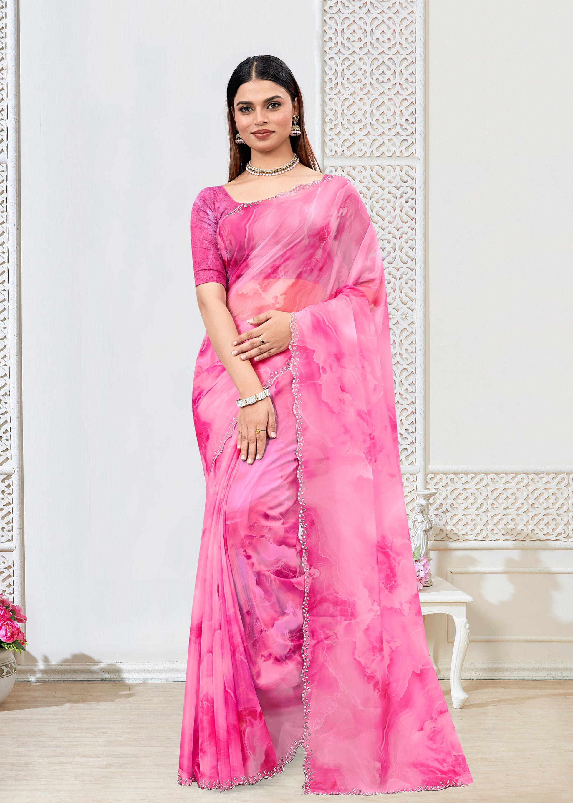 Abstract Printed Pink Fine Organza Saree with Luxe Embellished Cutwork Border - Panron Prints 41063 - Pink Image 1