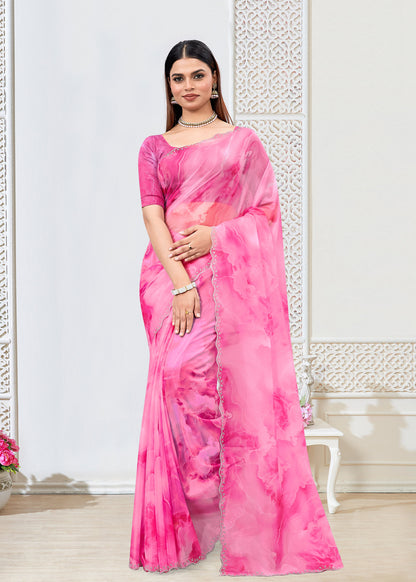 Abstract Printed Pink Fine Organza Saree with Luxe Embellished Cutwork Border - Panron Prints 41063 - Pink Image 1