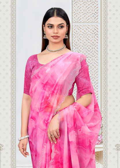 Abstract Printed Pink Fine Organza Saree with Luxe Embellished Cutwork Border - Panron Prints 41063 - Pink Image 2