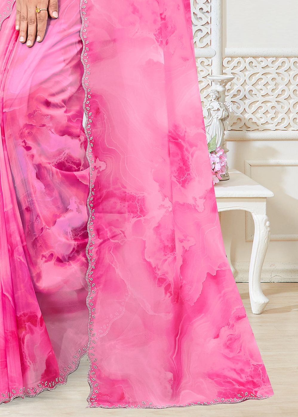 Abstract Printed Pink Fine Organza Saree with Luxe Embellished Cutwork Border - Panron Prints 41063 - Pink Image 3