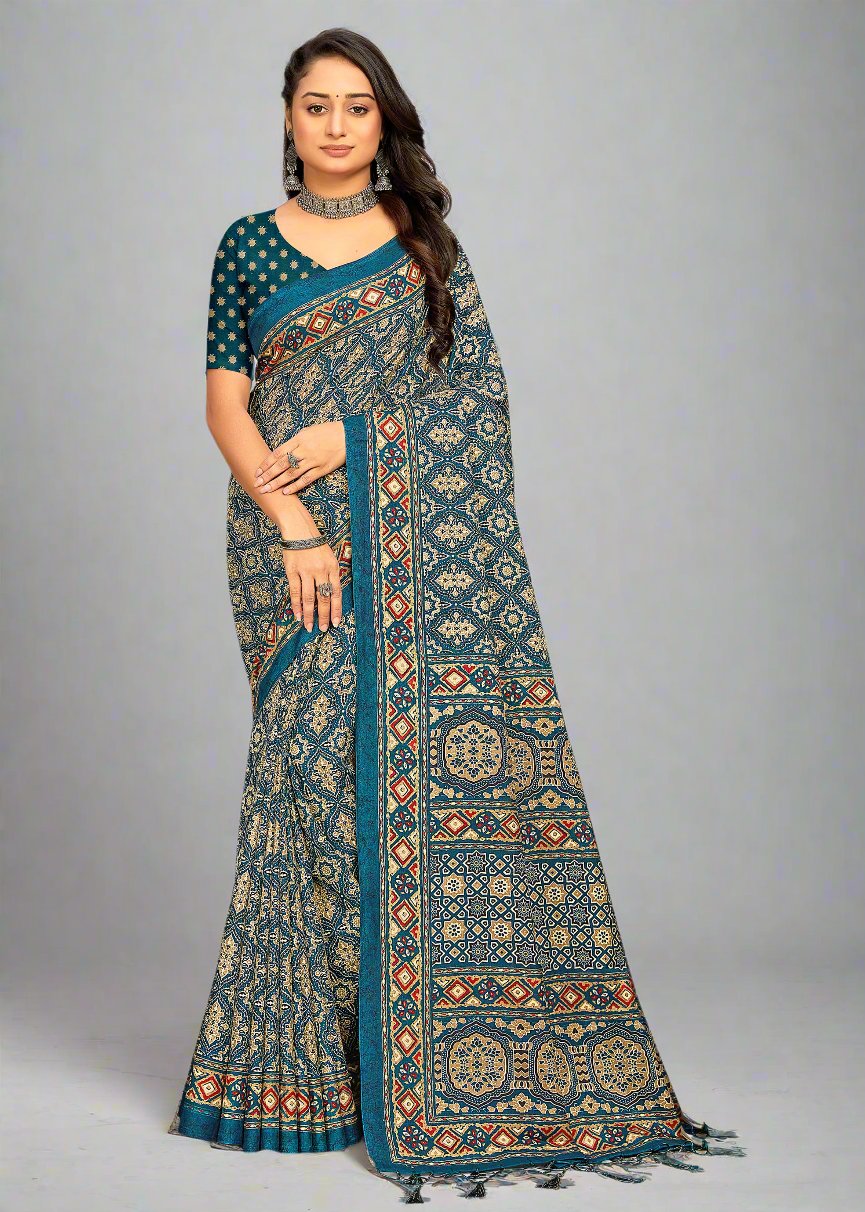 Ajrakh Design Teal Art Cotton Silk Saree with Printed Border - IQTARA PRINT 1247-A Teal First Image