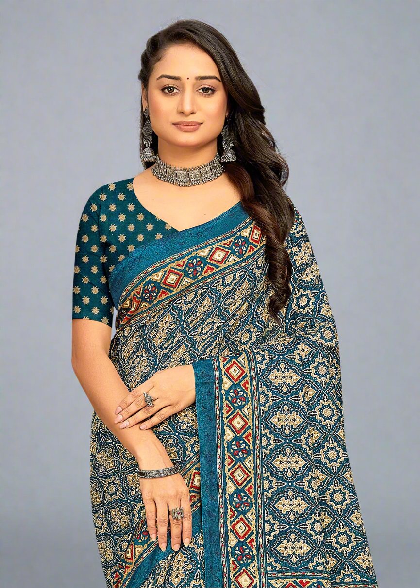 Ajrakh Design Teal Art Cotton Silk Saree with Printed Border - IQTARA PRINT 1247-A Teal Second Image