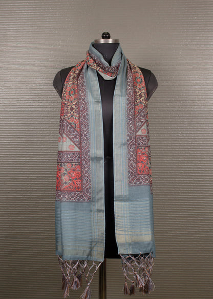 Ajrakh Digital Printed Multicolor Hard Linen Dupatta Featuring Zari Woven Border and Stylish Tassels - Hard Linen 2112 Multicolor Modeling 1