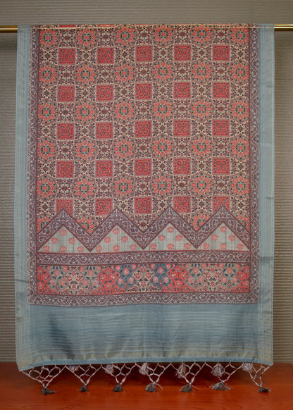 Ajrakh Digital Printed Multicolor Hard Linen Dupatta Featuring Zari Woven Border and Stylish Tassels - Hard Linen 2112 Multicolor Modeling 2