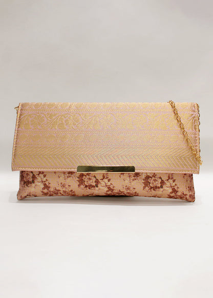 Apricot Orange Zari Woven Art Silk Floral Printed Clutch with Golden Sling - Clutch D. No. 03 P39 Full Image