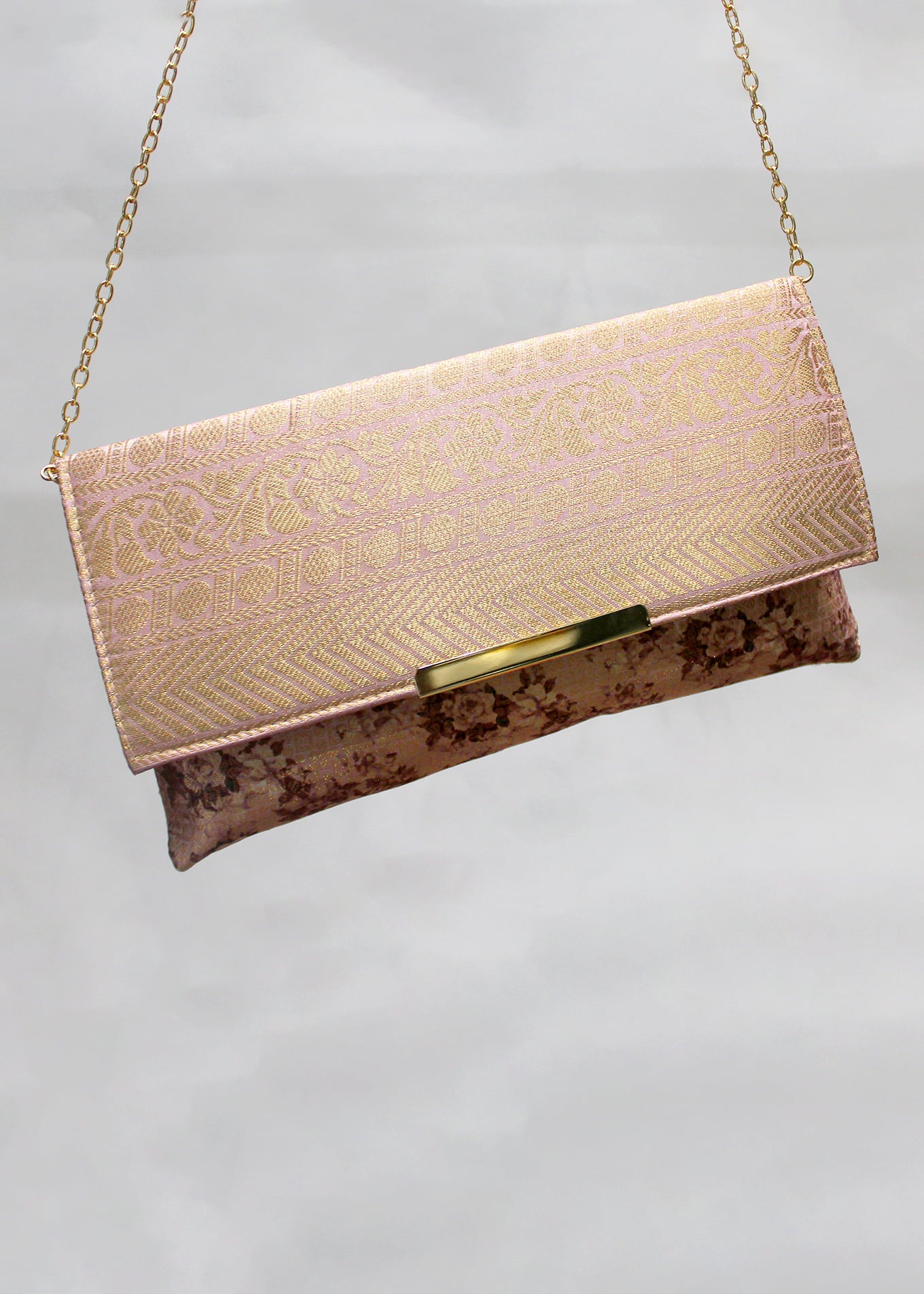 Apricot Orange Zari Woven Art Silk Floral Printed Clutch with Golden Sling - Clutch D. No. 03 P39 Second Image