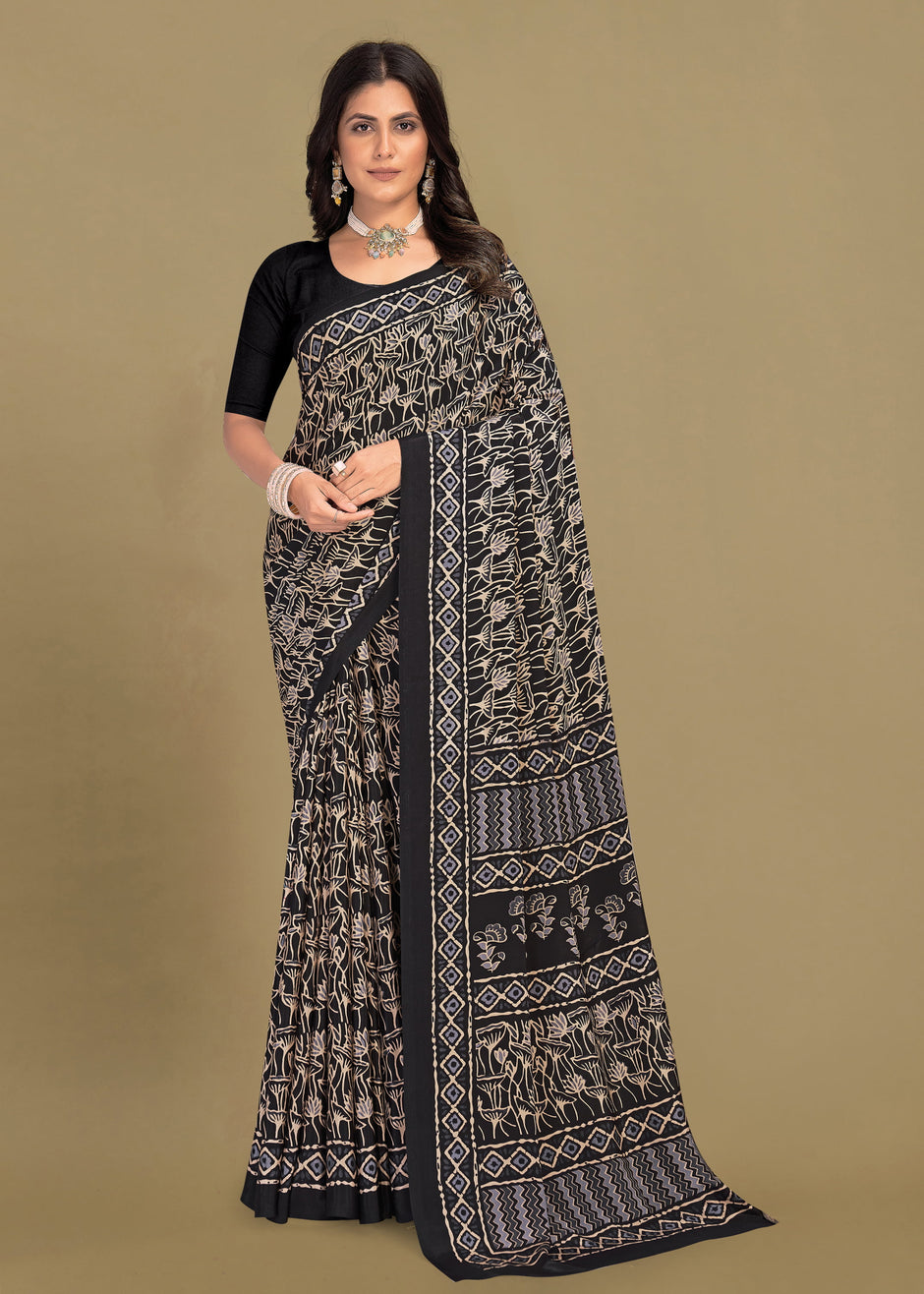 Metallic Floral Print Saree with Sequin & Mirror Embroidery Border main image 1