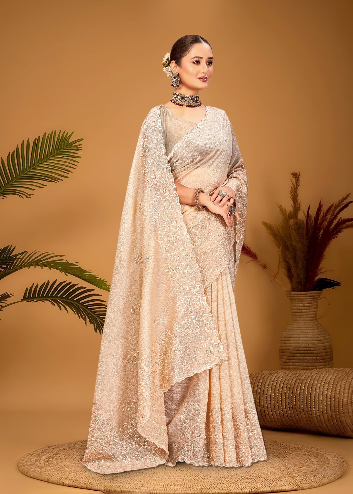 Beige Crushed Organza Saree Adorned with Exquisite Embroidery and Cutwork Border - Titanium Silk 5167-G Beige Modeling 1