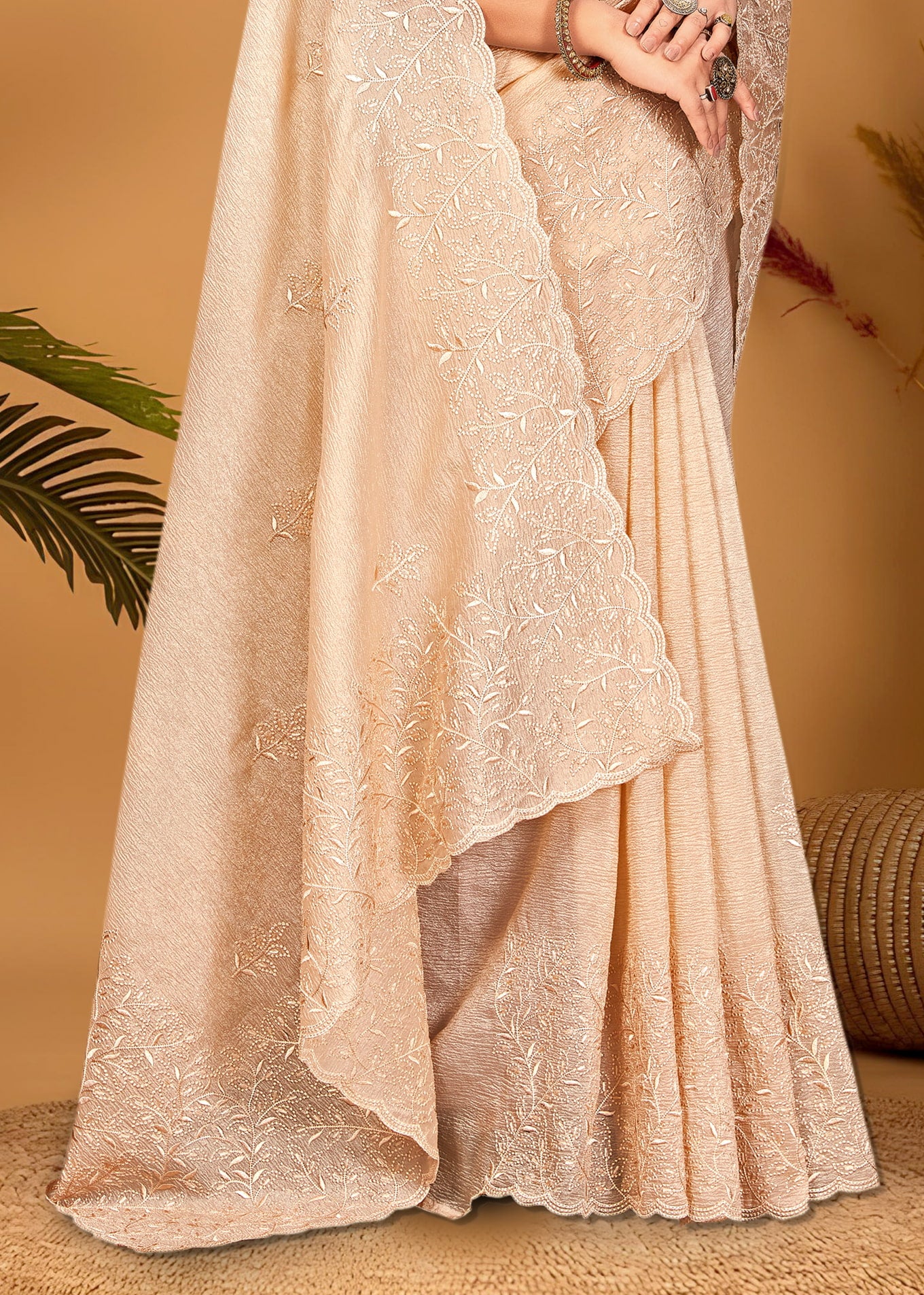 Beige Crushed Organza Saree Adorned with Exquisite Embroidery and Cutwork Border - Titanium Silk 5167-G Beige Modeling 3