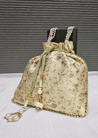 Beige Digital Printed Zari Woven Art Silk Ethnic Potli Bag with Pearl String Handle - Potli D.No.07 P72 Beige Full Image Vew