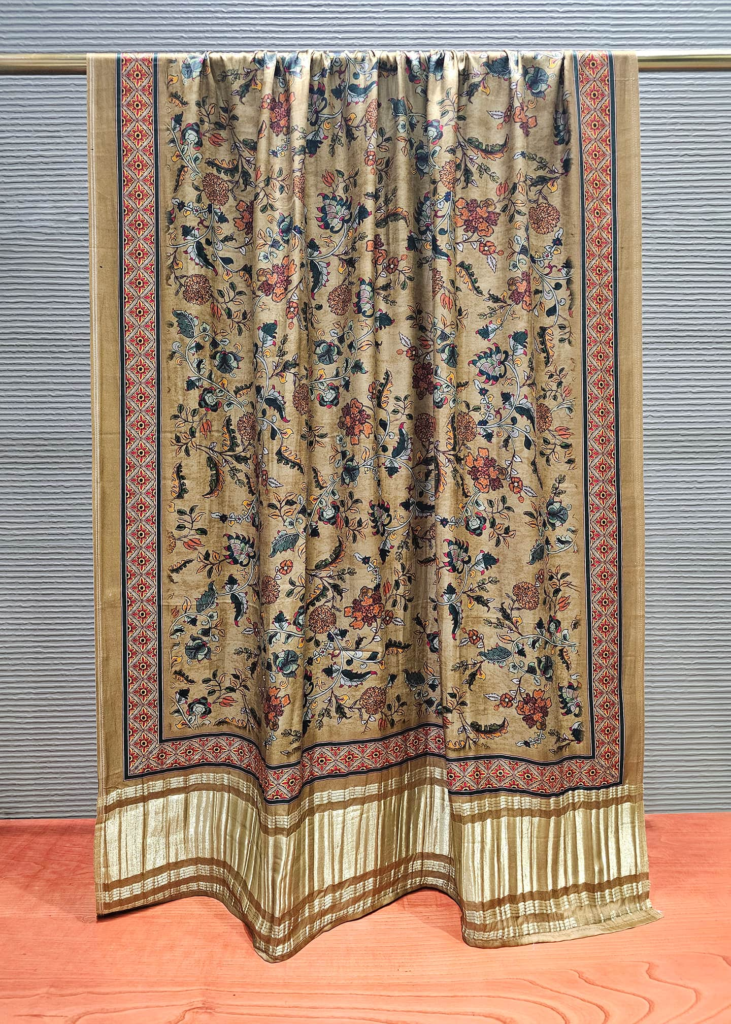 Beige Kalamkari Digital Printed Gaji Silk Dupatta with Zari Weave Border Image 2