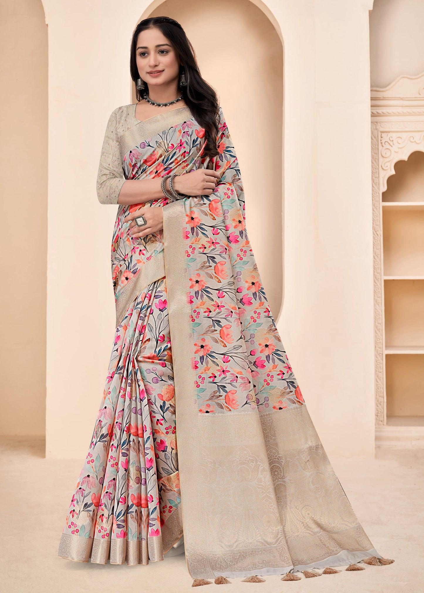 Beige Organza Abstract Printed Saree with Zari Border, Decorative Tassels and Butta Work - Cyclone Silk 93021 Beige View 1