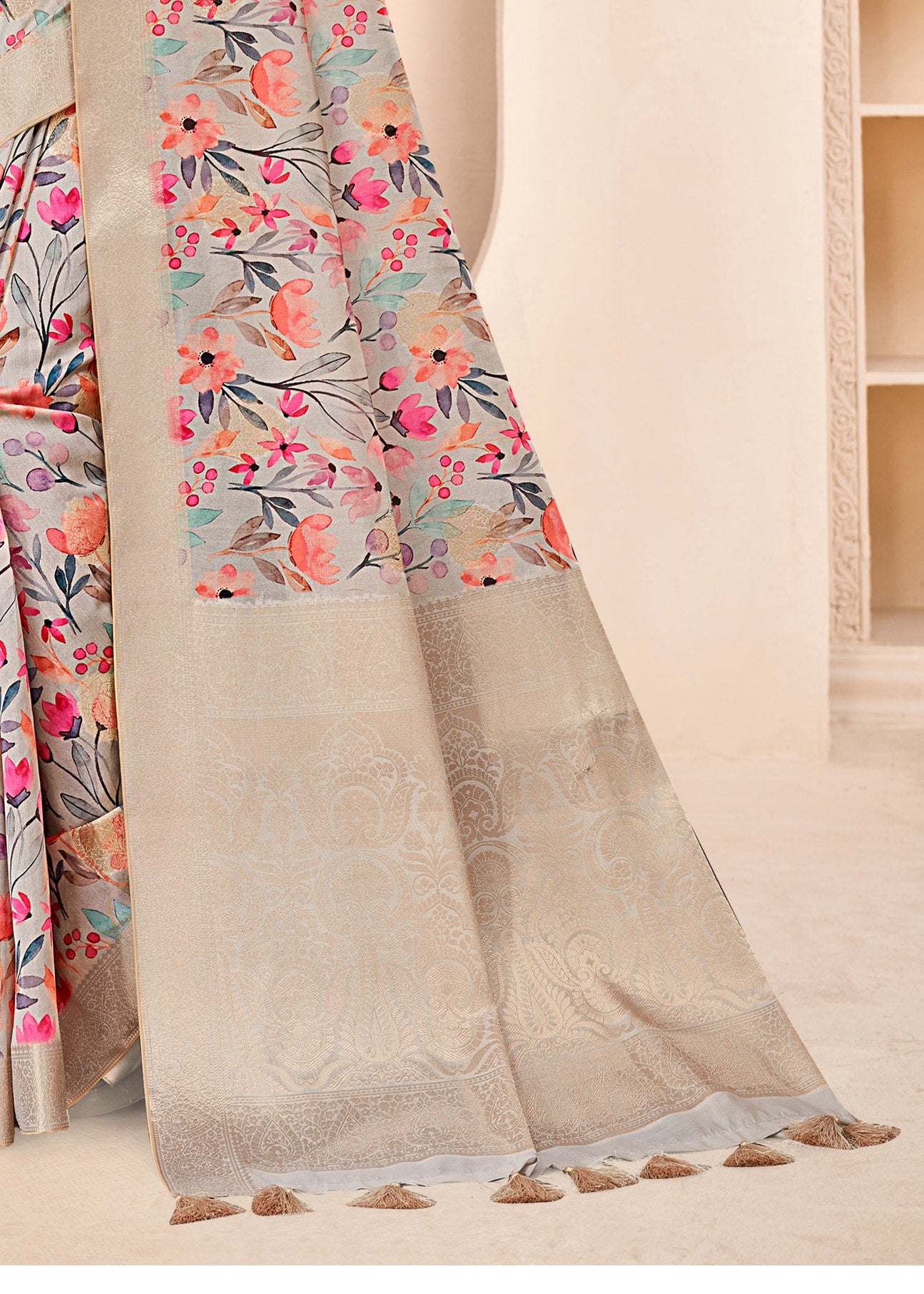 Beige Organza Abstract Printed Saree with Zari Border, Decorative Tassels and Butta Work - Cyclone Silk 93021 Beige View 4