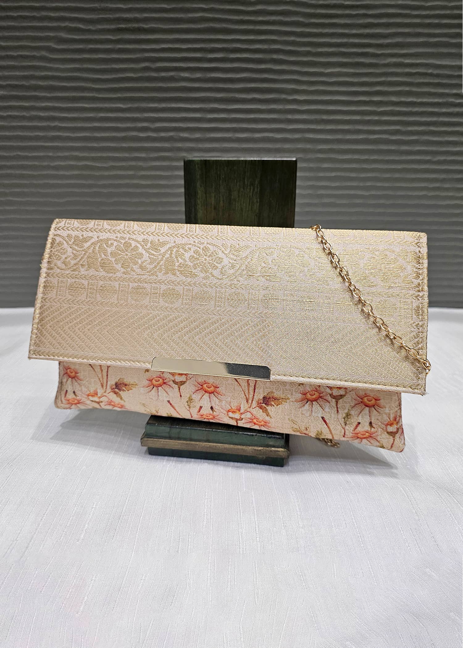 Beige Zari Woven Art Silk  Clutch with golden Sling - Clutch D.No.01 P1 Beige Full Image