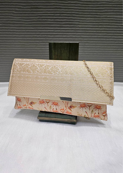 Beige Zari Woven Art Silk  Clutch with golden Sling - Clutch D.No.01 P1 Beige Full Image