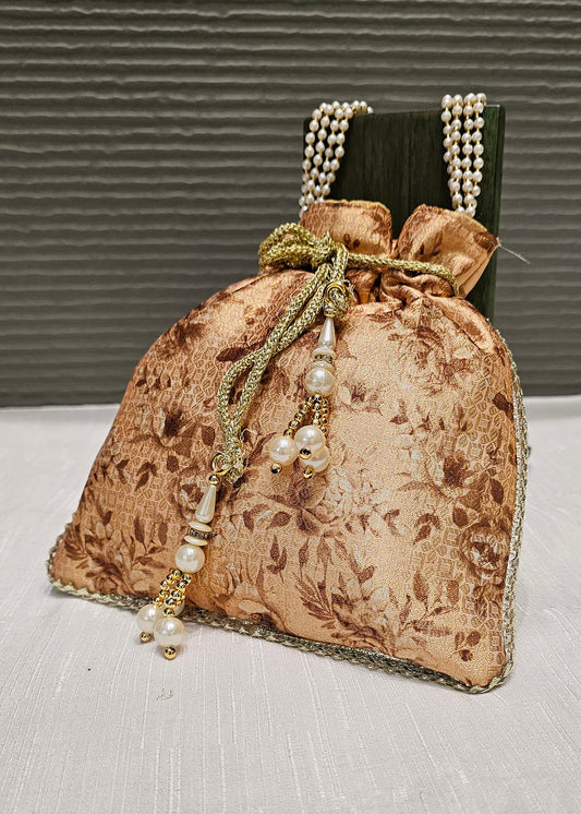 Beige Zari Woven Art Silk Digital Printed Ethnic Potli Bag with Pearl String Handle - Potli D.No.01 P13 Beige Full View Image