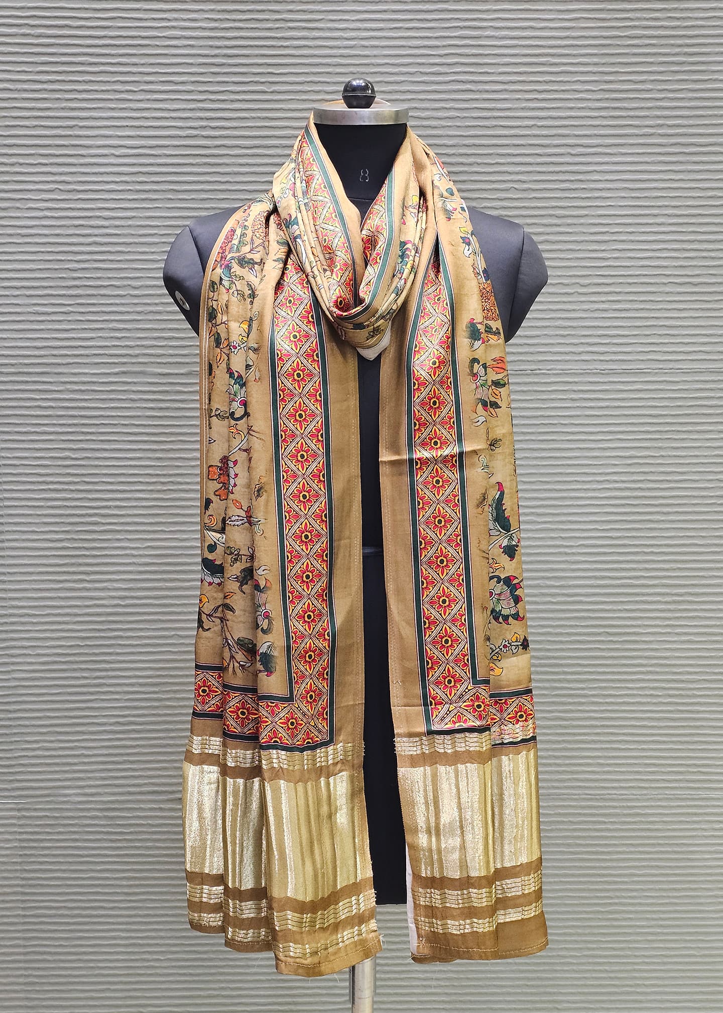 Beige Kalamkari Digital Printed Gaji Silk Dupatta with Zari Weave Border Image 1