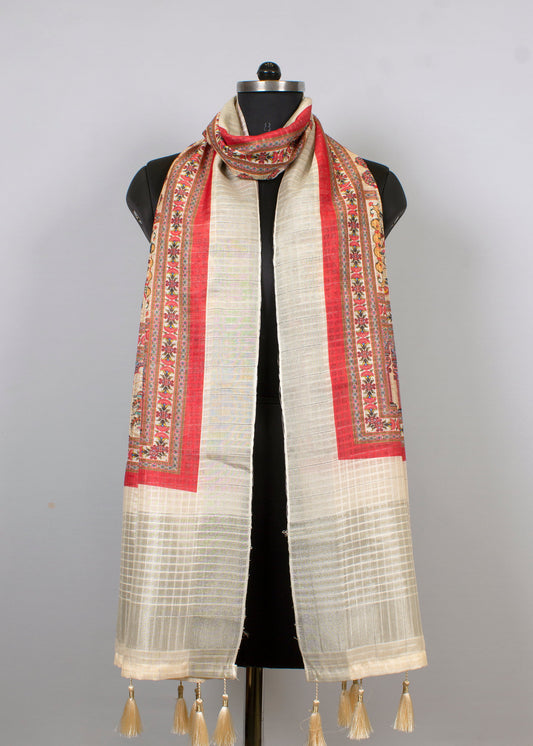 Beige Linen Dupatta Adorned with Traditional Ethnic Motif Prints and Tassel Accents