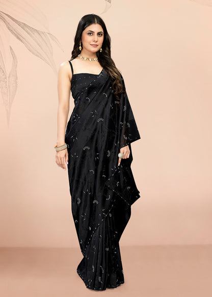 Black Fine Organza Saree with Stone and Pearl Embellishments Pose 1