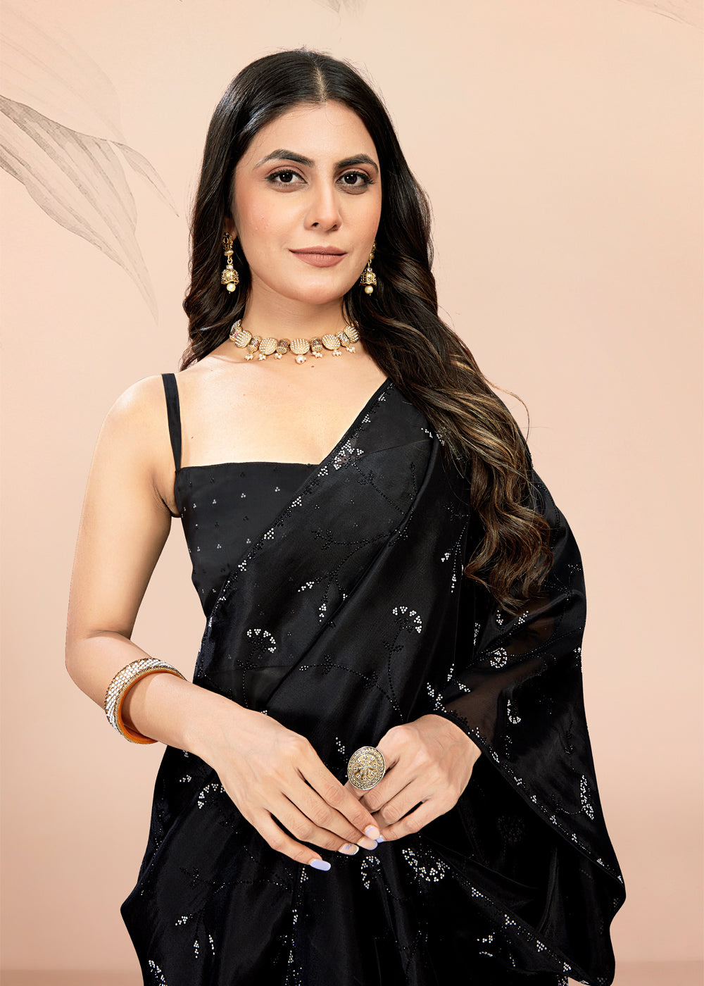 Black Fine Organza Saree with Stone and Pearl Embellishments Pose 2