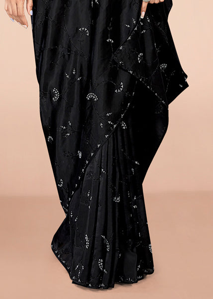 Black Fine Organza Saree with Stone and Pearl Embellishments Pose 3