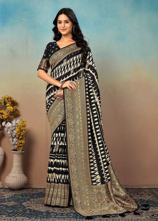 Black Ikat Printed Satin Silk Saree with Rich Zari Woven Border and Butti Details - Fiesta Silk 70082 Black First Image