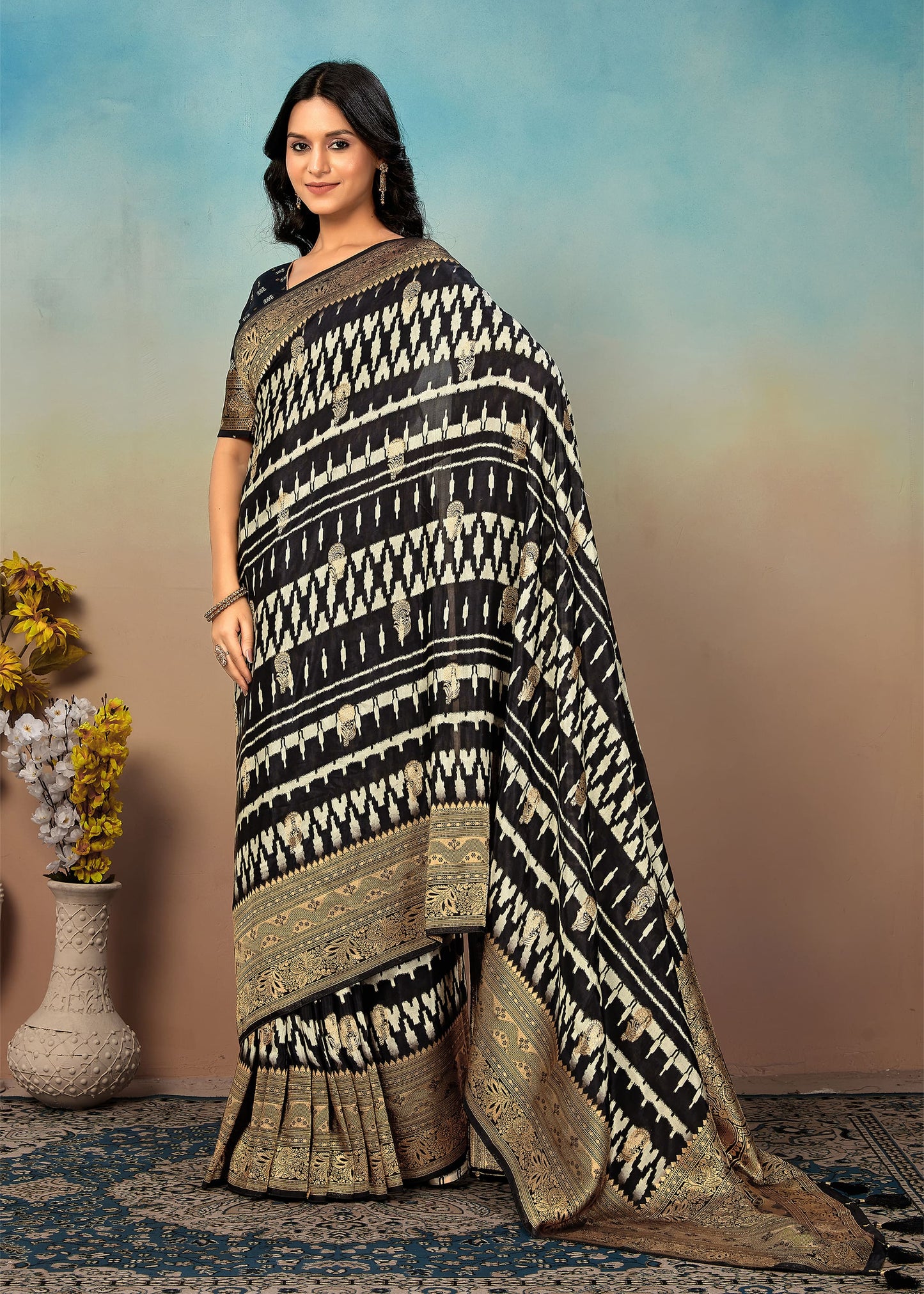 Black Ikat Printed Satin Silk Saree with Rich Zari Woven Border and Butti Details - Fiesta Silk 70082 Third First Image