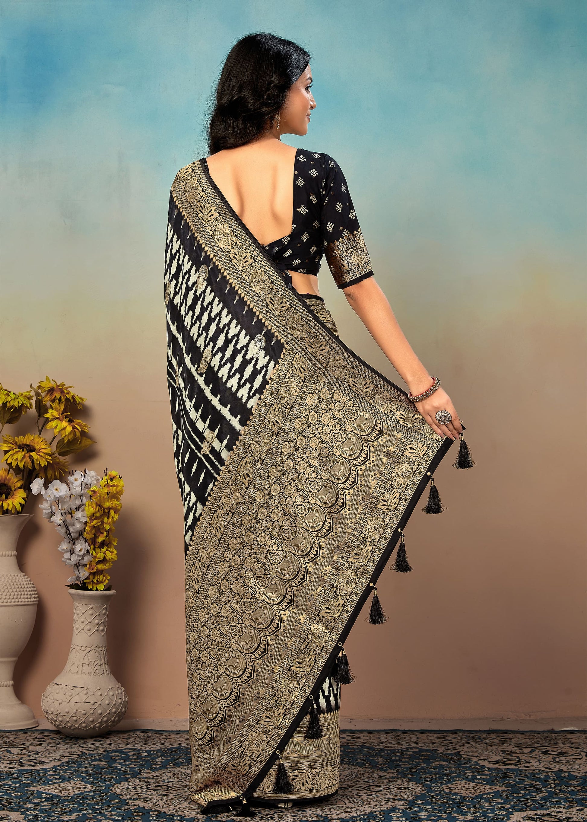 Black Ikat Printed Satin Silk Saree with Rich Zari Woven Border and Butti Details - Fiesta Silk 70082 Black Fourth Image