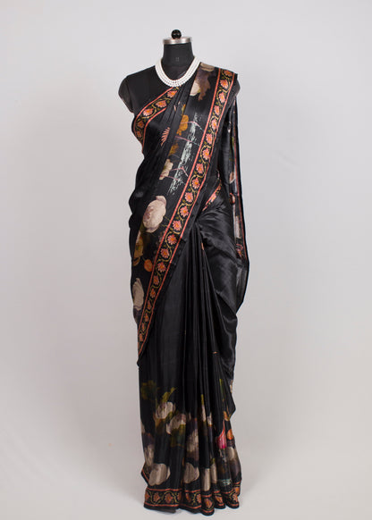 Black Pichwai Printed Gaji Silk Saree with Heritage-Inspired Lagdi Patta Zari Pallu - Gaji Silk Saree 7007 Black Front View