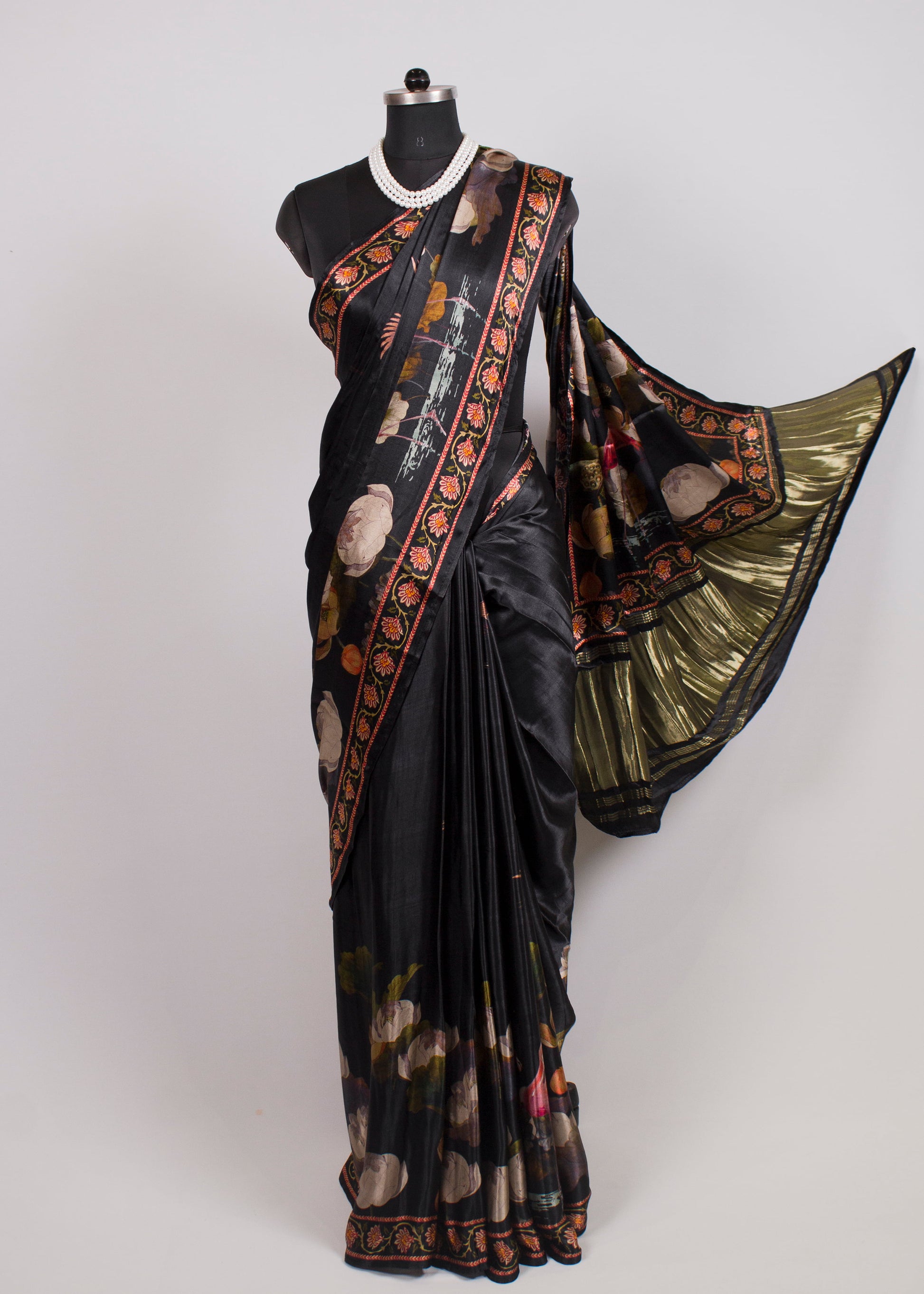 Black Pichwai Printed Gaji Silk Saree with Heritage-Inspired Lagdi Patta Zari Pallu - Gaji Silk Saree 7007 Black Side View