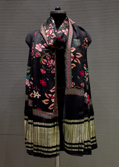 Black Pure Gaji Silk  Zari Woven Border Dupatta with Floral Print - Pure Gaji Silk Dupatta D.No 1107 Black Image 1