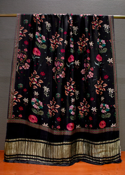 Black Pure Gaji Silk  Zari Woven Border Dupatta with Floral Print - Pure Gaji Silk Dupatta D.No 1107 Black Image 2