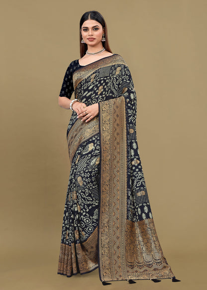 Black Satin Silk Saree Featuring Ethnic Motif Prints, Rich Zari Woven Border and Butti Details - Fiesta Silk 70096 Black Image 1