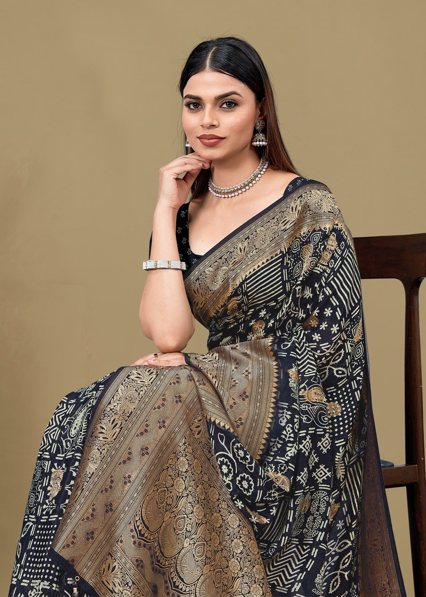 Black Satin Silk Saree Featuring Ethnic Motif Prints, Rich Zari Woven Border and Butti Details - Fiesta Silk 70096 Black Image 2