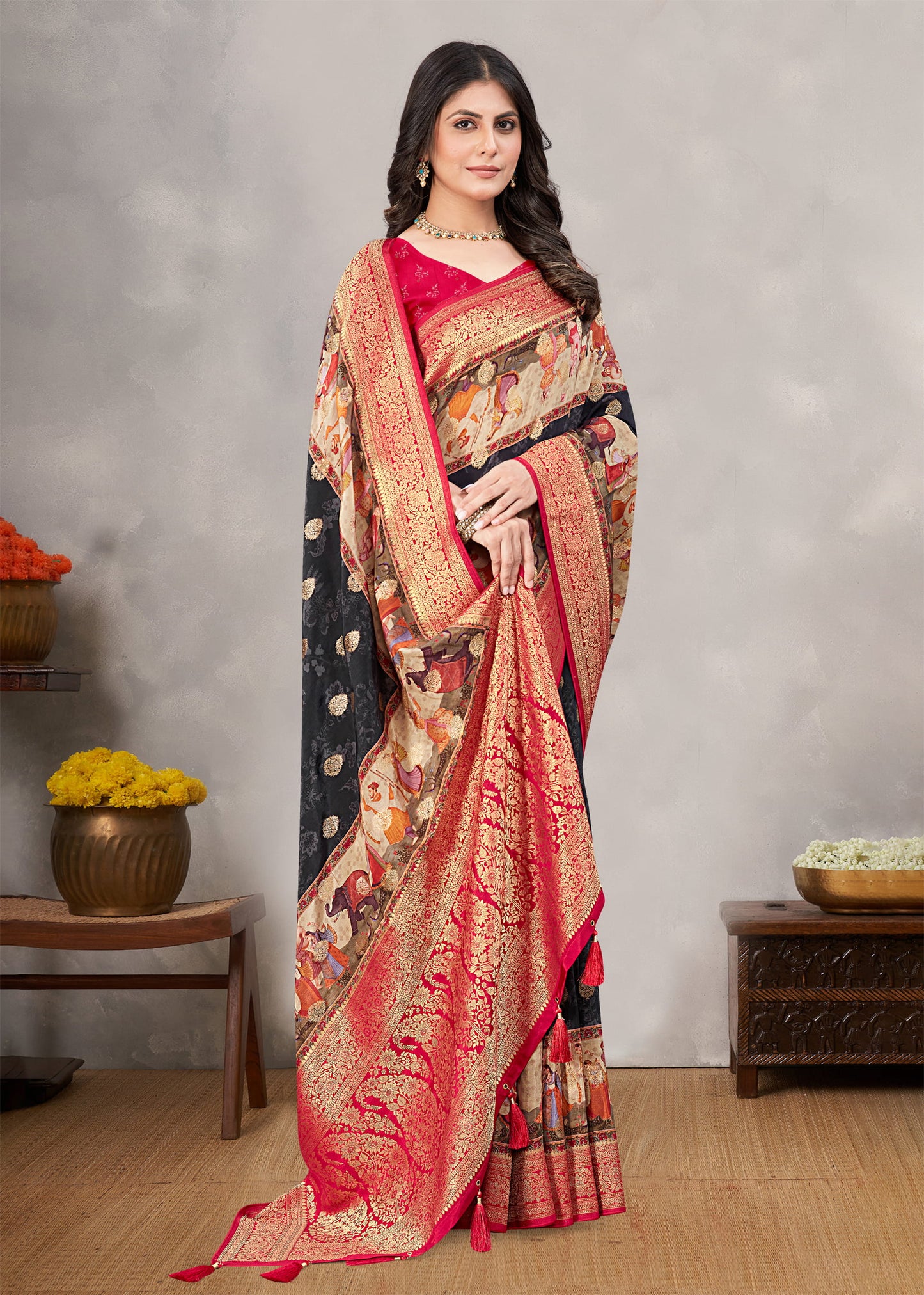 Black Satin Silk Saree with Traditional Ethnic Motifs, Intricate Zari ...