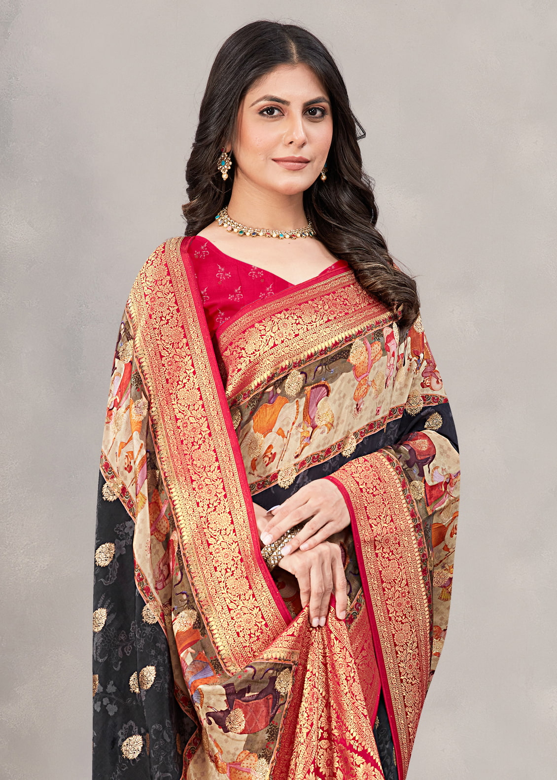 Black Satin Silk Saree with Traditional Ethnic Motifs, Intricate Zari ...