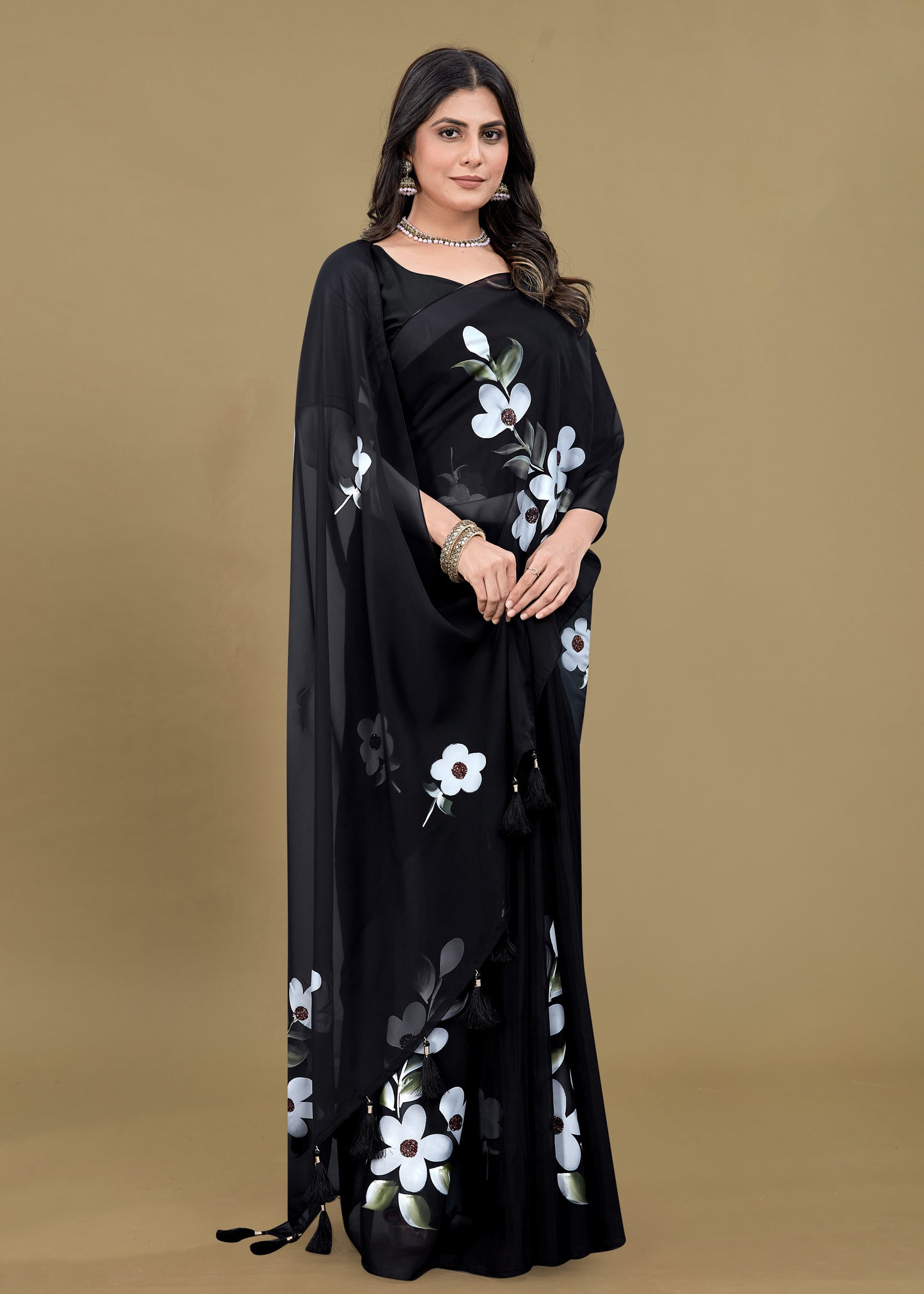 Black Sheer Organza Saree Featuring Hand-Painted Florals, Dazzling Crystal and Tassels - Titli Print 15026 Black Pose 1