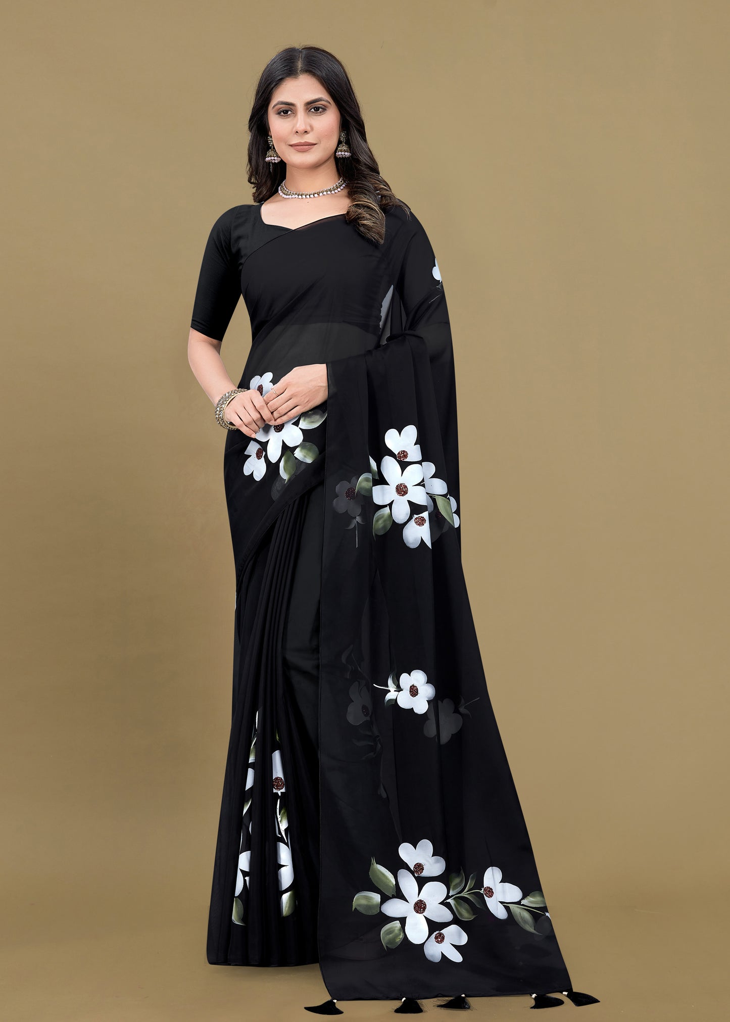 Black Sheer Organza Saree Featuring Hand-Painted Florals, Dazzling Crystal and Tassels - Titli Print 15026 Black Pose 2