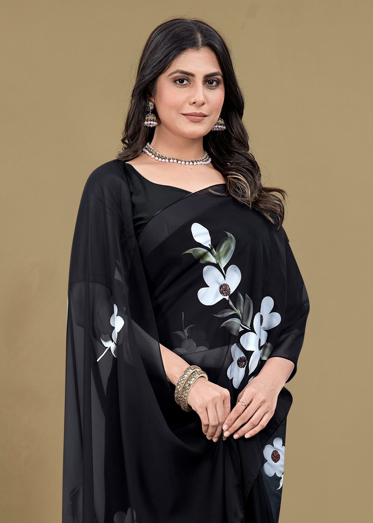 Black Sheer Organza Saree Featuring Hand-Painted Florals, Dazzling Crystal and Tassels - Titli Print 15026 Black Pose 3