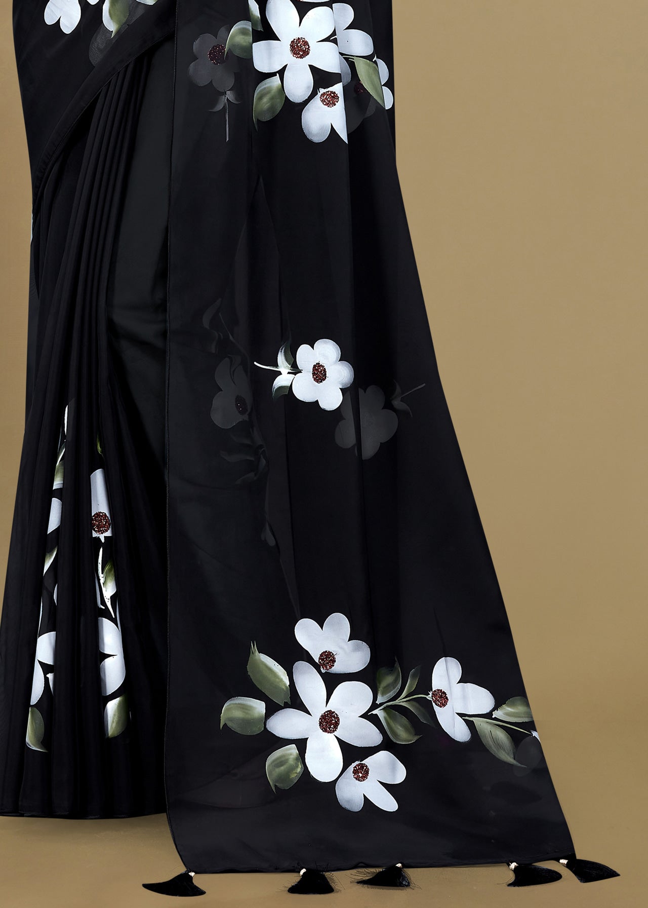 Black Sheer Organza Saree Featuring Hand-Painted Florals, Dazzling Crystal and Tassels - Titli Print 15026 Black Pose 4