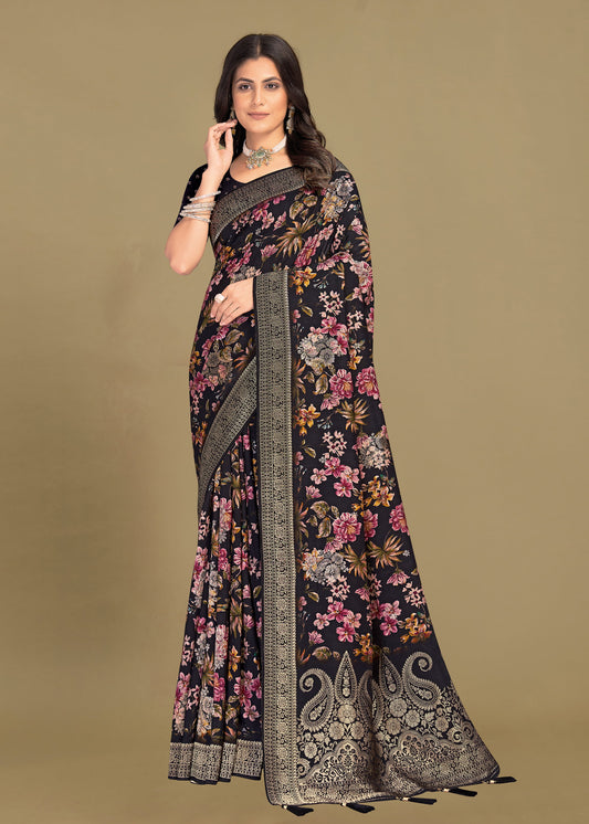 Black Tussar Silk Saree Embellished with Floral Digital Prints, Zari Woven Border, Butta Work, and Elegant Tassels - Spider Silk 5525 Black Modeling 1