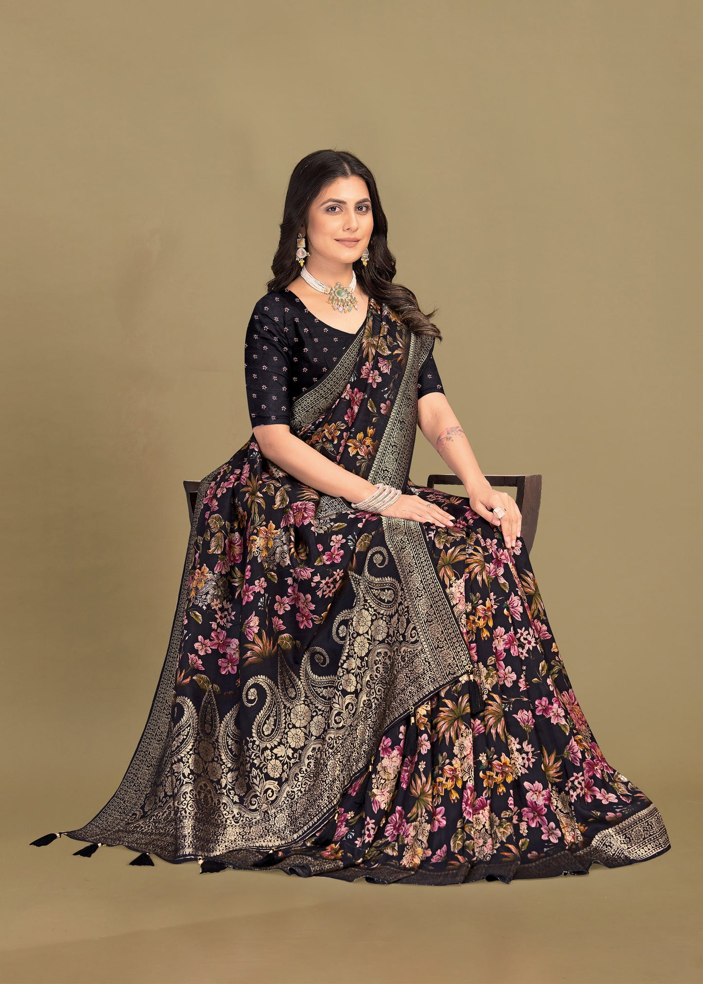 Black Tussar Silk Saree Embellished with Floral Digital Prints, Zari Woven Border, Butta Work, and Elegant Tassels - Spider Silk 5525 Black Modeling 2